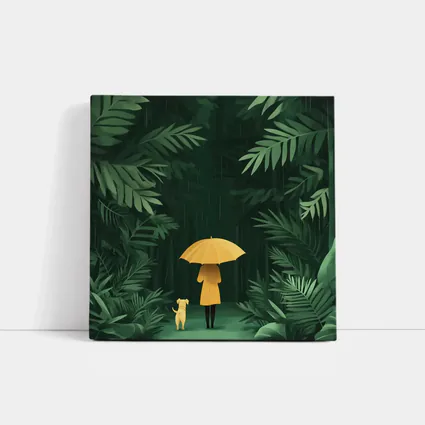 Woman Dog Rainy Jungle Forest Illustration