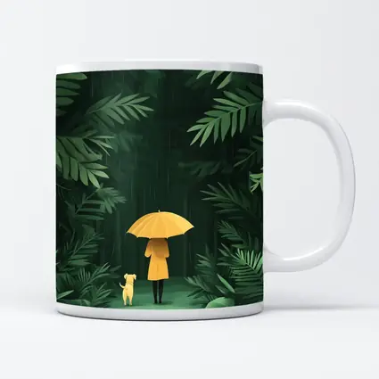 Woman Dog Rainy Jungle Forest Illustration