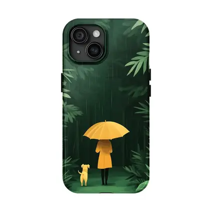 Woman Dog Rainy Jungle Forest Illustration
