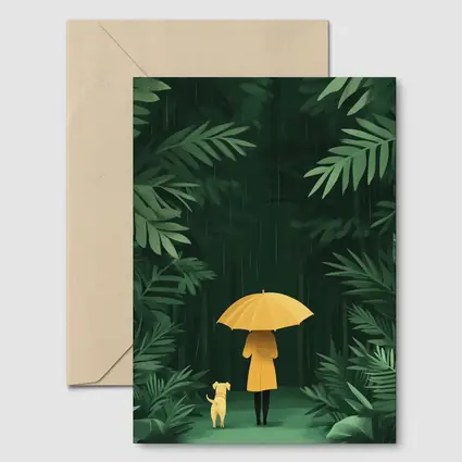 Woman Dog Rainy Jungle Forest Illustration
