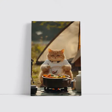 Chubby Orange Cat Cooking Camping Outdoor