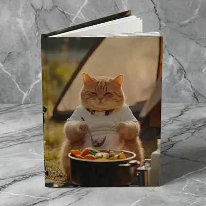 Chubby Orange Cat Cooking Camping Outdoor