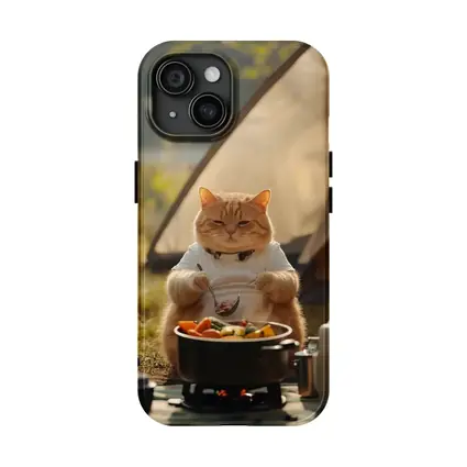 Chubby Orange Cat Cooking Camping Outdoor
