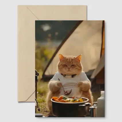 Chubby Orange Cat Cooking Camping Outdoor