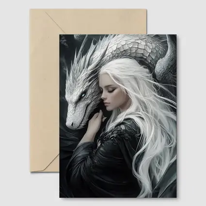 White Haired Woman With Silver Dragon Fantasy