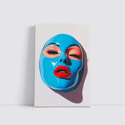 Blue Glossy Face Mask Red Lips Art