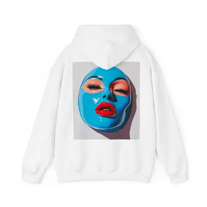 Blue Glossy Face Mask Red Lips Art