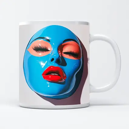 Blue Glossy Face Mask Red Lips Art