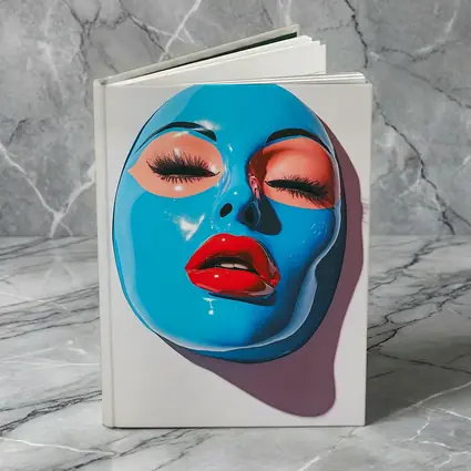 Blue Glossy Face Mask Red Lips Art