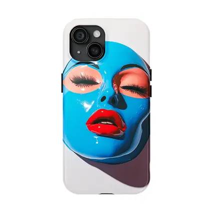 Blue Glossy Face Mask Red Lips Art