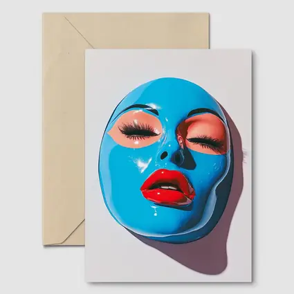 Blue Glossy Face Mask Red Lips Art