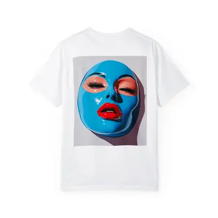 Blue Glossy Face Mask Red Lips Art