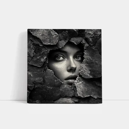Woman Face Emerging Through Cracked Stone Wall