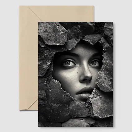 Woman Face Emerging Through Cracked Stone Wall
