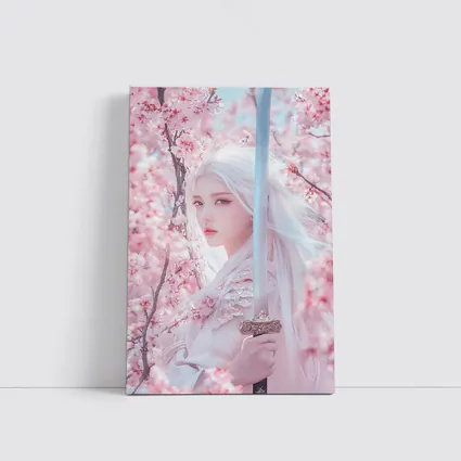 White Hair Warrior Girl Cherry Blossom Fantasy