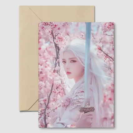 White Hair Warrior Girl Cherry Blossom Fantasy
