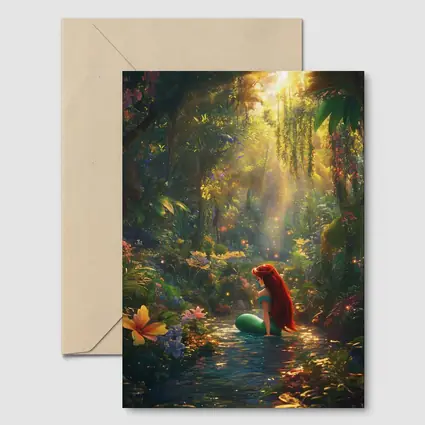 Mermaid Girl Sitting In Enchanted Forest Stream