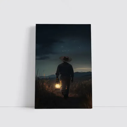 Farmer Walking Night Field With Lantern