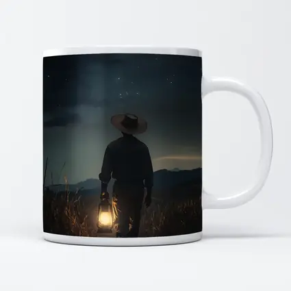 Farmer Walking Night Field With Lantern