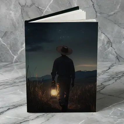 Farmer Walking Night Field With Lantern