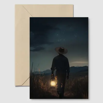 Farmer Walking Night Field With Lantern