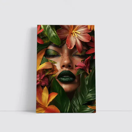 Woman Face Tropical Flowers Green Lips