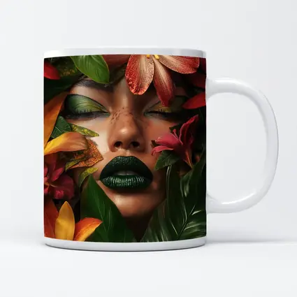 Woman Face Tropical Flowers Green Lips