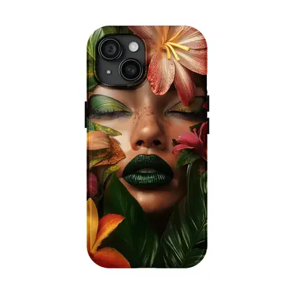 Woman Face Tropical Flowers Green Lips
