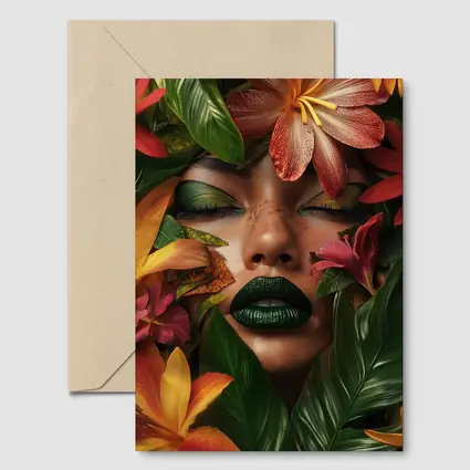 Woman Face Tropical Flowers Green Lips