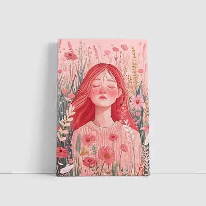 Red Hair Girl Among Pink Wildflowers Illustration