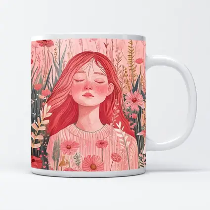 Red Hair Girl Among Pink Wildflowers Illustration