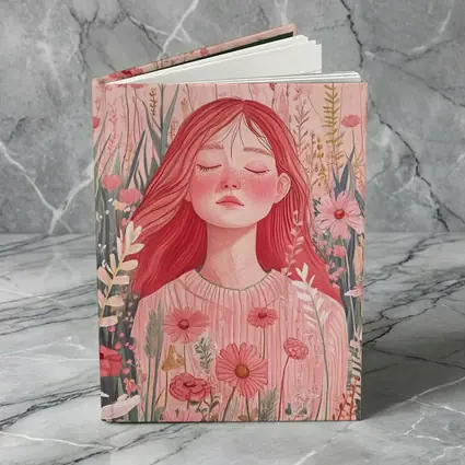 Red Hair Girl Among Pink Wildflowers Illustration