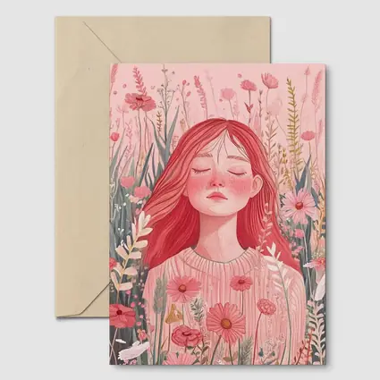 Red Hair Girl Among Pink Wildflowers Illustration