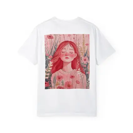 Red Hair Girl Among Pink Wildflowers Illustration