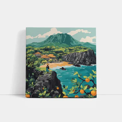 Japanese Coastal Village With Mountain View