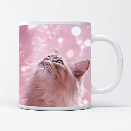 Fluffy Cat Looking Up At Bubbles