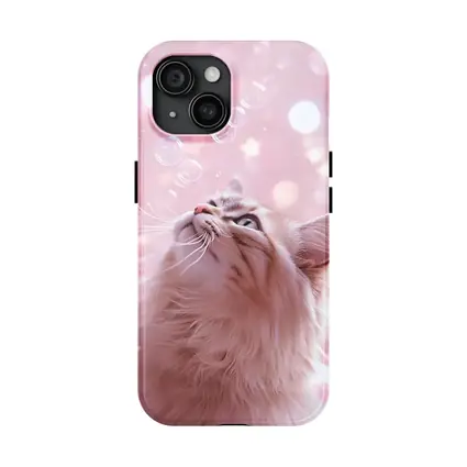 Fluffy Cat Looking Up At Bubbles