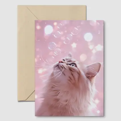 Fluffy Cat Looking Up At Bubbles