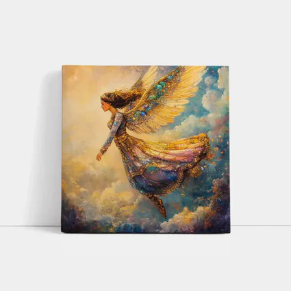 Angel Woman Flying Through Golden Clouds