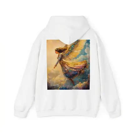 Angel Woman Flying Through Golden Clouds