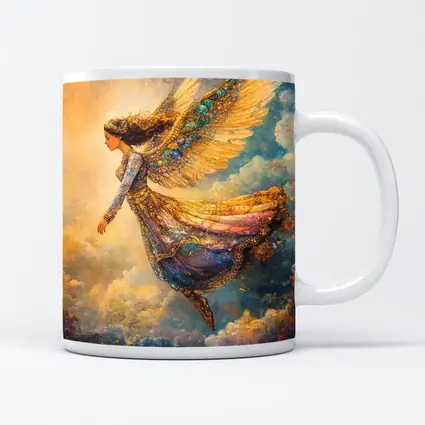 Angel Woman Flying Through Golden Clouds