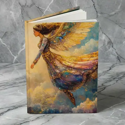Angel Woman Flying Through Golden Clouds