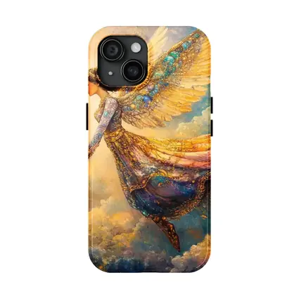 Angel Woman Flying Through Golden Clouds