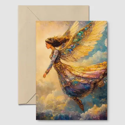 Angel Woman Flying Through Golden Clouds