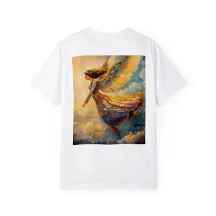 Angel Woman Flying Through Golden Clouds