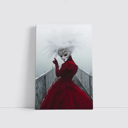 Venetian Masked Woman Red Dress Foggy Bridge