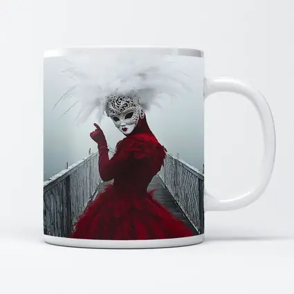 Venetian Masked Woman Red Dress Foggy Bridge