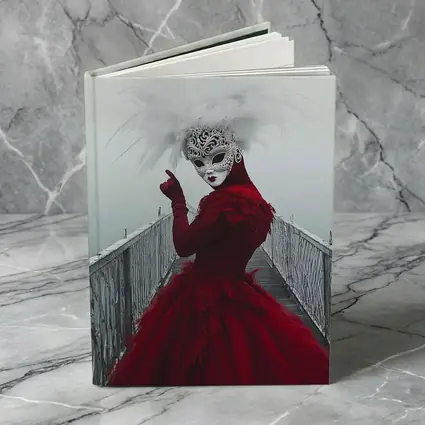 Venetian Masked Woman Red Dress Foggy Bridge