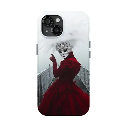 Venetian Masked Woman Red Dress Foggy Bridge