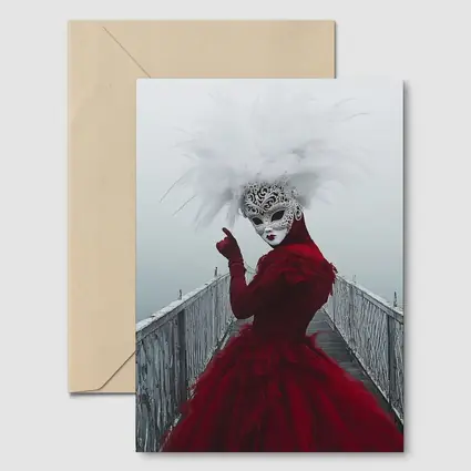 Venetian Masked Woman Red Dress Foggy Bridge